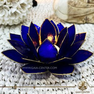 Natural Seashell Capiz Candle holder Tea-Light Lotus Flower Design. Indigo Color with gold color trim. Selection of home decor items at Gaia Center Crystal Incense Shop in Cyprus.