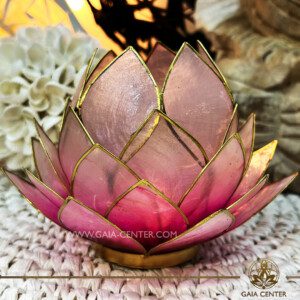 Natural Seashell Capiz Candle holder Tea-Light Lotus Flower Design. Pink Color with gold color trim. Large size: 15cm. Selection of home decor items at Gaia Center Crystal Incense Shop in Cyprus.
