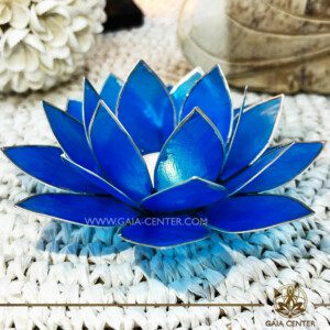 Natural Seashell Capiz Candle holder Tea-Light Lotus Flower Design. Blue Color with gold color trim. Selection of home decor items at Gaia Center Crystal Incense Shop in Cyprus.