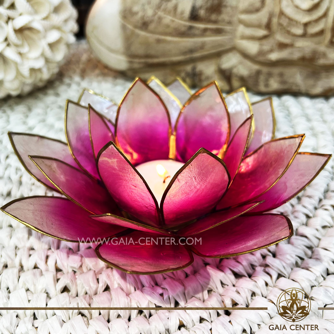 Natural Seashell Capiz Candle holder Tea-Light Lotus Flower Design. Pink Color with gold color trim. Selection of home decor items at Gaia Center Crystal Incense Shop in Cyprus.