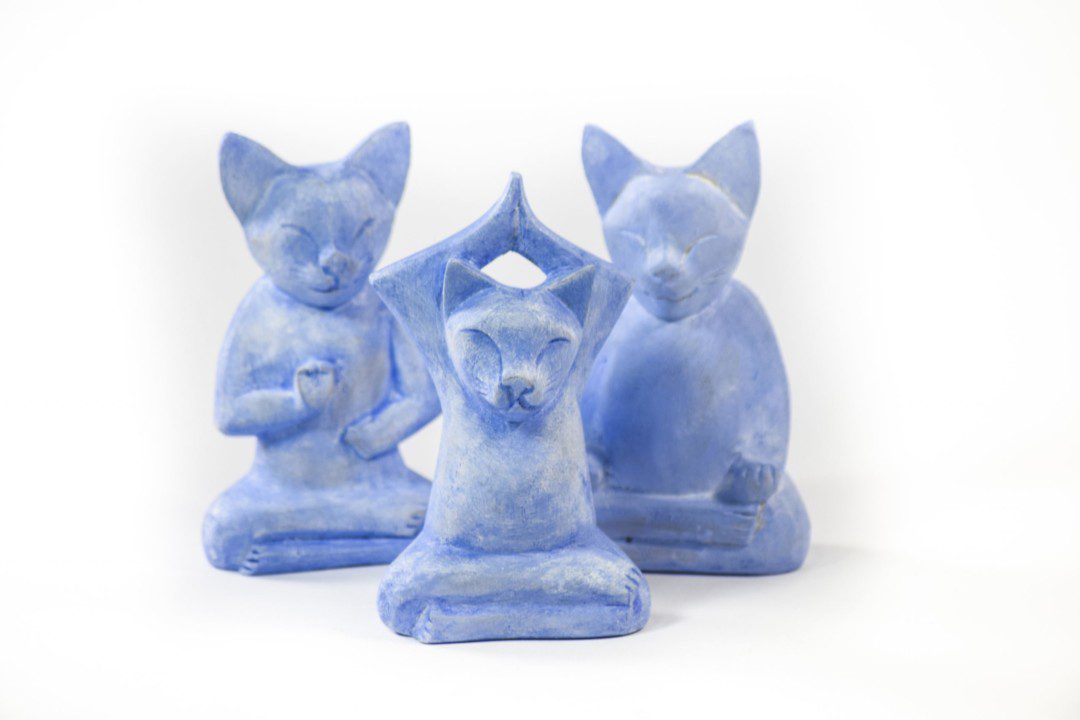 Yoga Cats Wooden Statues mini at Gaia-Center in Cyprus.