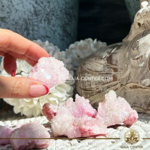 Crystal Pink Aura Quartz - Druzy Cluster at Gaia Center Crystal shop in Cyprus. Crystal and Gemstone Jewellery Selection at Gaia Center Crystal shop in Cyprus. Order crystals online, Cyprus islandwide delivery: Limassol, Larnaca, Paphos, Nicosia. Europe and Worldwide shipping.