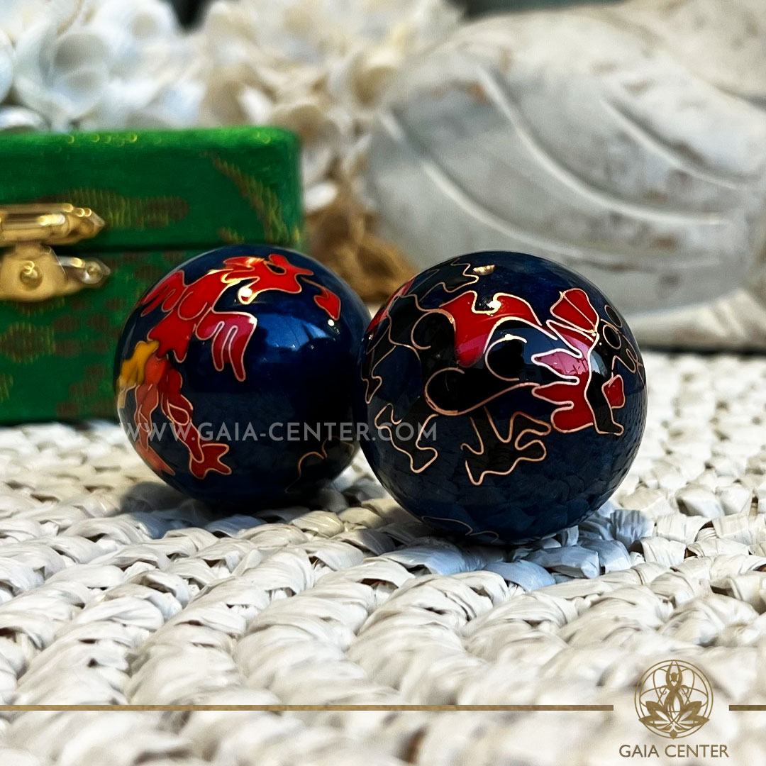 Pair of Stress or Health Balls - Dragon and Phoenix dark blue metal color design. These health balls have been used in Chinese medicine, in order to support the flexibility and blood circulation in hands and fingers. Wellbeing and feng shui products selection at Gaia Center | Crystals & Incense shop in Cyprus. Order online, Cyprus islandwide delivery: Limassol, Paphos, Larnaca, Nicosia. Europe and worldwide shipping.