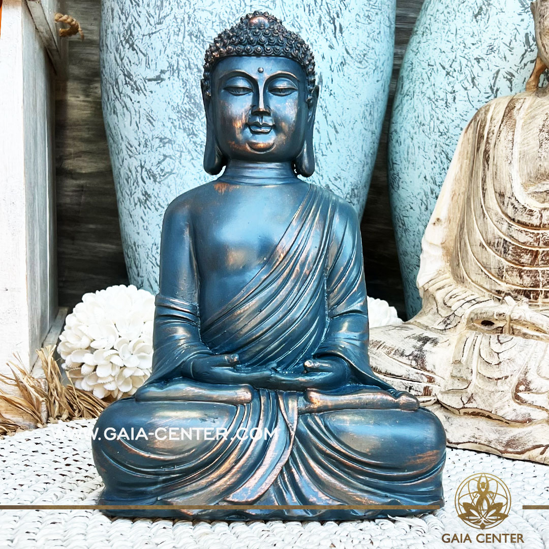 Buddha Statue meditating pose antique blue and copper color finishing at Gaia Center Crystal incense Buddhist shop in Cyprus. Shop online at https://gaia-center.com. Cyprus island delivery: Limassol, Nicosia, Paphos, Larnaca. Europe and Worldwide shipping.