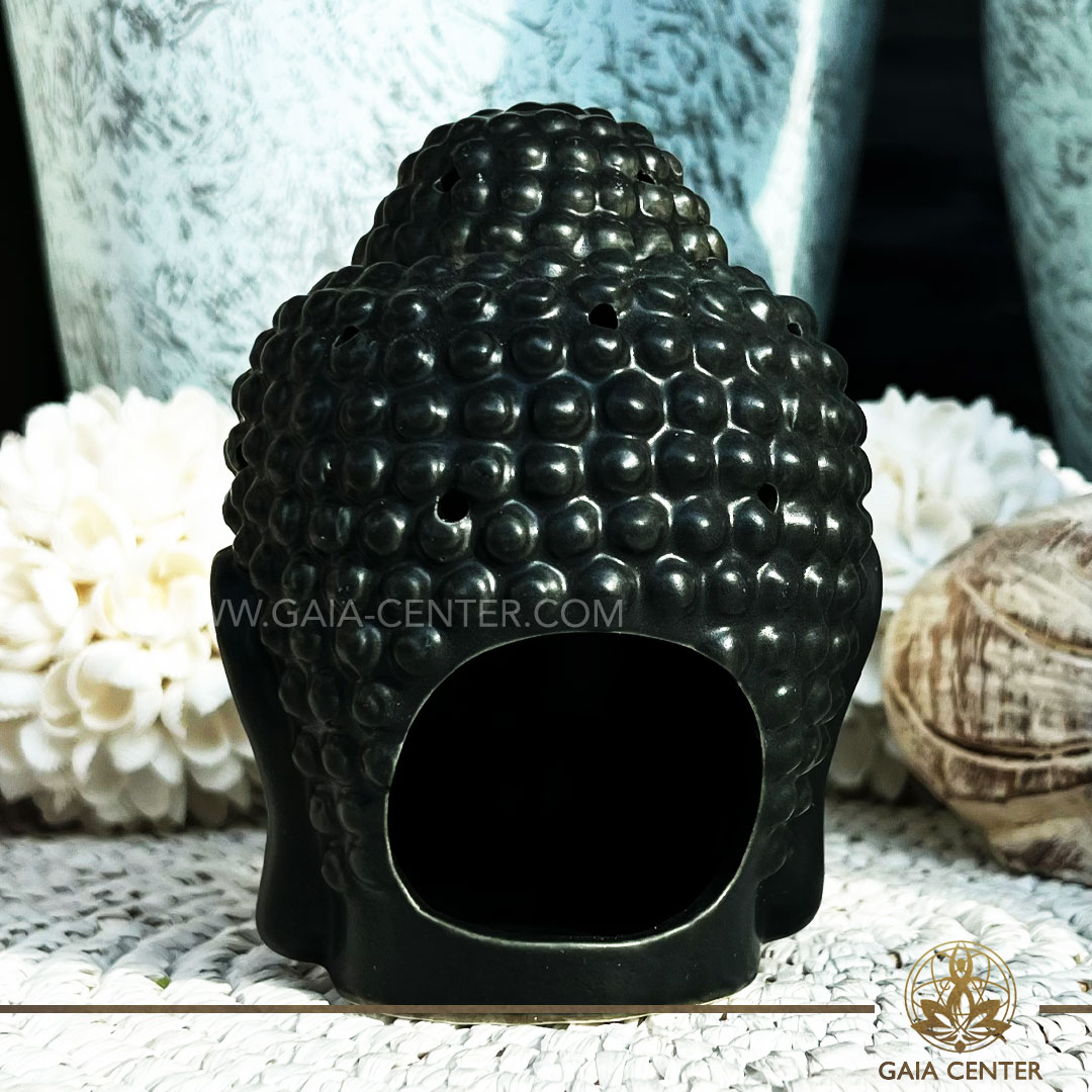 Essential Oil Burner or Wax Melt Burner - Black Buddha Head Ceramic. Aroma diffusers and oil burners selection ​at Gaia Center Crystals Incense shop in Cyprus. Order online: Cyprus islandwide delivery: Limassol, Paphos, Nicosia, Larnaca