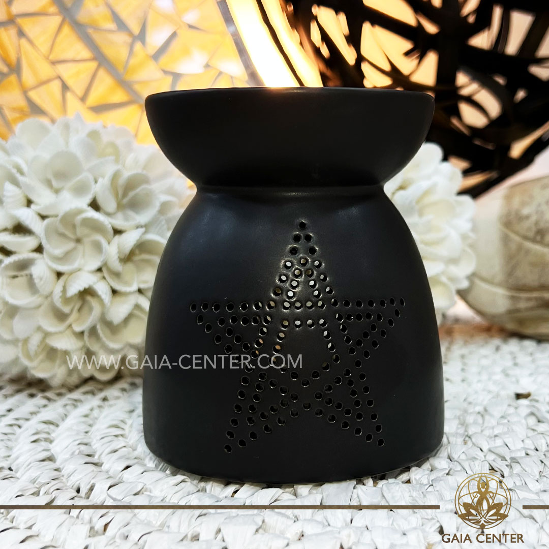 Essential Oil Burner or Wax Melt Burner - Black Star Pentagram Ceramic. Aroma diffusers and oil burners selection ​at Gaia Center Crystals Incense shop in Cyprus. Order online: Cyprus islandwide delivery: Limassol, Paphos, Nicosia, Larnaca