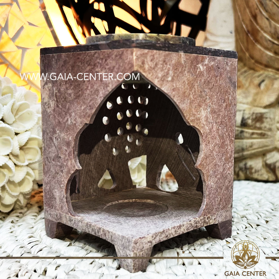 Essential Oil Burner or Wax Melt Burner - Elephant Soapstone Natural Brown & White colors style. Aroma diffusers and oil burners selection ​at Gaia Center Crystals Incense shop in Cyprus. Order online: Cyprus islandwide delivery: Limassol, Paphos, Nicosia, Larnaca