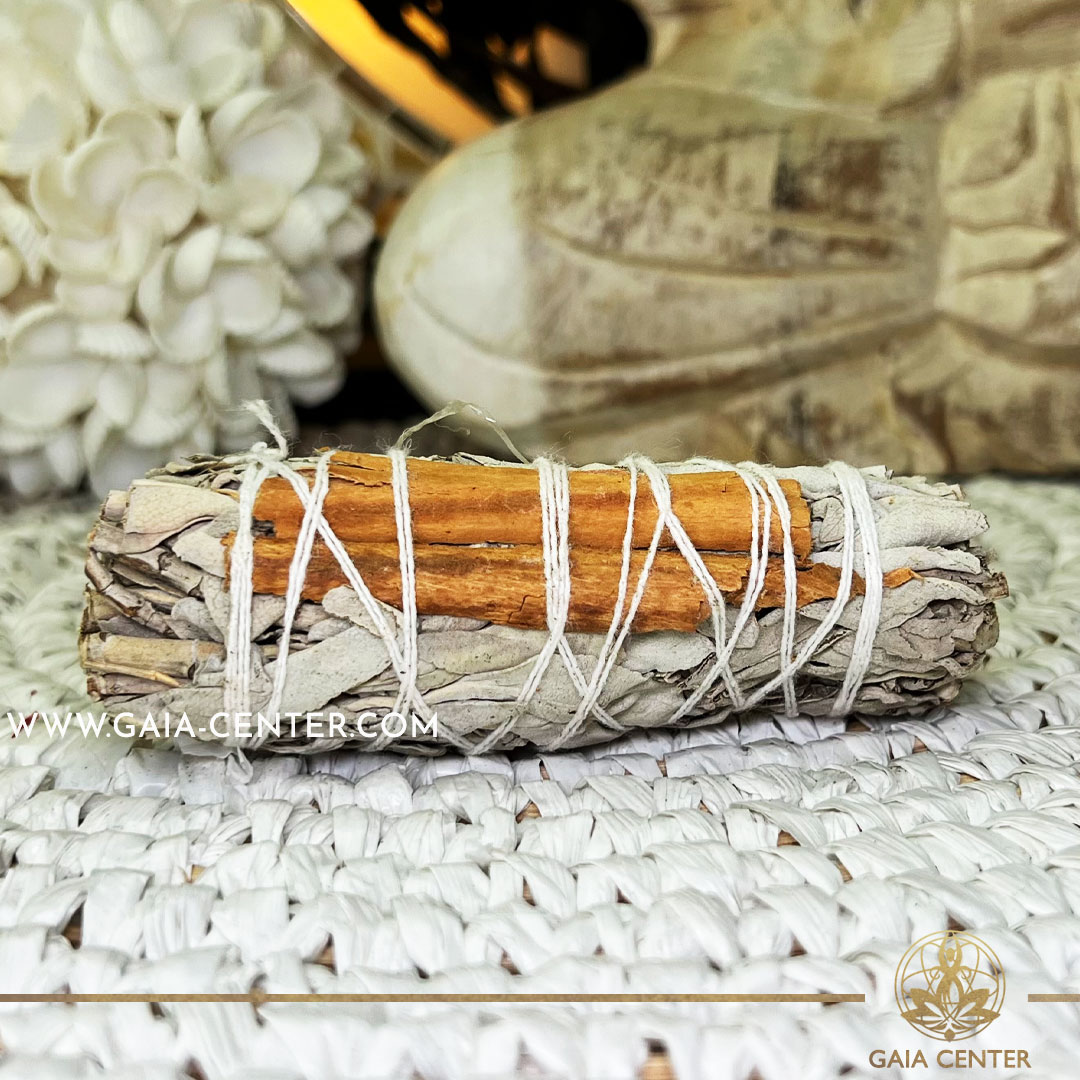 White Sage & Cinnamon Smudge Stick |10cm| Californian white Sage Smudge stick bundles for smudging ceremonies and space clearing at Gaia Center | Crystals and Incense shop in Cyprus. Order online, Cyprus islandwide delivery: Limassol, Paphos, Larnaca, Nicosia. Europe and worldwide shipping.