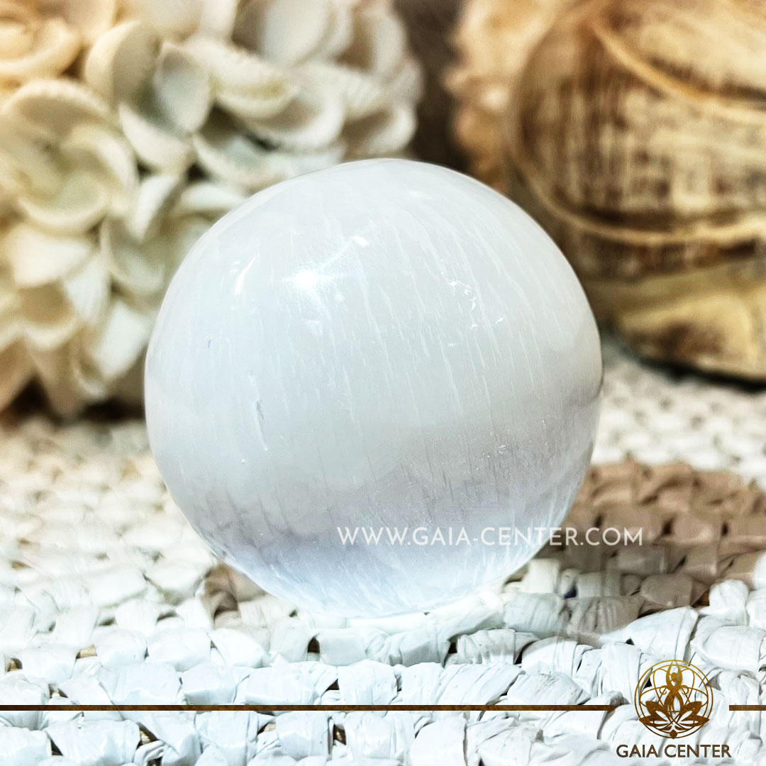 White Selenite crystal sphere ball polished. Crystal points, towers and obelisks selection at Gaia Center Crystal shop in Cyprus. Order crystals online, Cyprus islandwide delivery: Limassol, Larnaca, Paphos, Nicosia. Europe and Worldwide shipping.