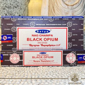Aroma Incense Sticks Black Opium Nag Champa fragrance by Satya brand. 15grams incense pack. Selection of natural incense sticks at GAIA CENTER | Crystals and Incense aroma shop in Cyprus. Order incense sticks and aroma burners online, Cyprus islandwide delivery: Nicosia, Paphos, Limassol, Larnaca