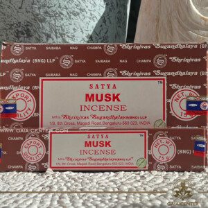 Aroma Incense Sticks Musk fragrance by Satya brand. 15grams incense pack. Selection of natural incense sticks at GAIA CENTER | Crystals and Incense aroma shop in Cyprus. Order incense sticks and aroma burners online, Cyprus islandwide delivery: Nicosia, Paphos, Limassol, Larnaca