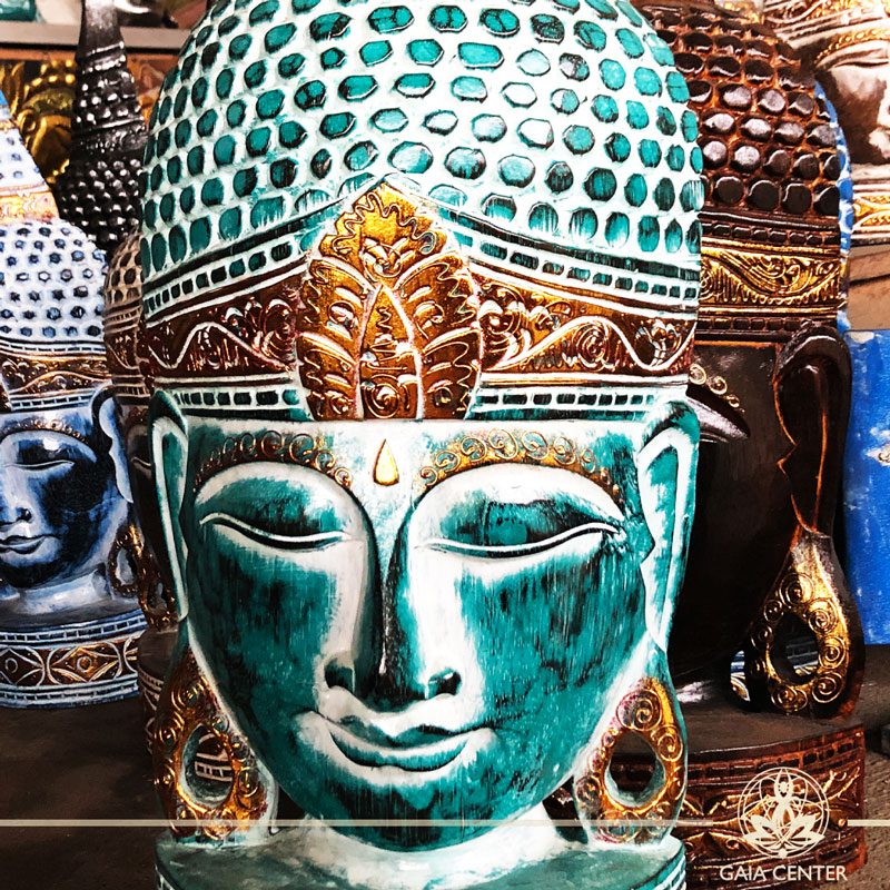 Buddha Statue Face in turquoise and gold colors. Spiritual items at Gaia Center in Cyprus. Cyprus and International Shipping.