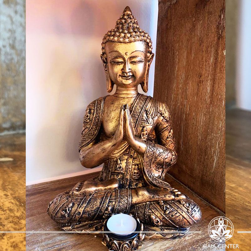 Buddha Statue Thai sitting - candle holder - antique gold color. Spiritual items at Gaia Center in Cyprus. Cyprus and International Shipping.