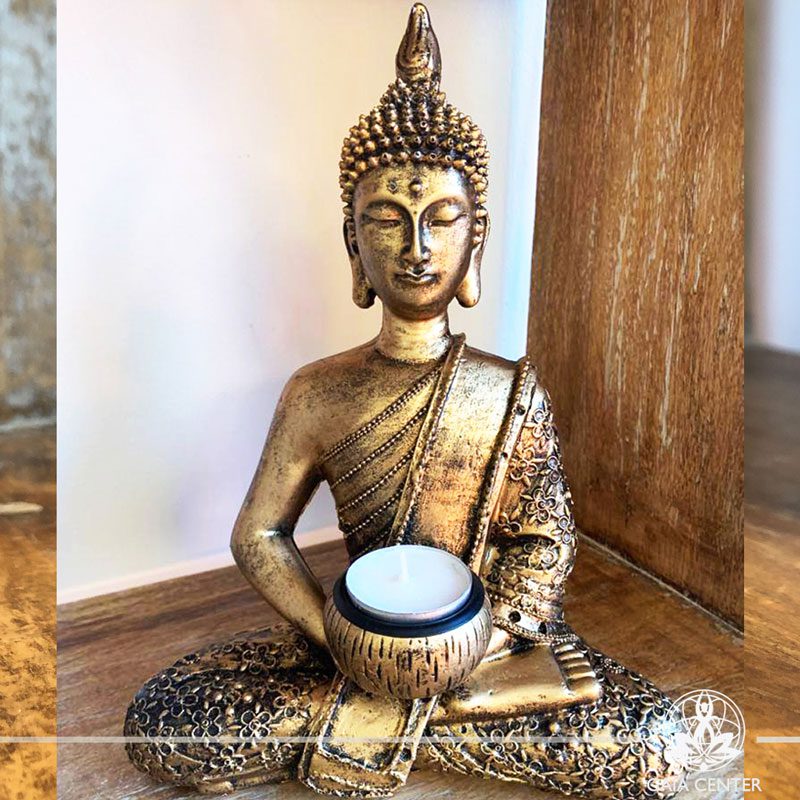 Buddha Statue sitting - candle holder - antique gold color. Spiritual items at Gaia Center in Cyprus. Cyprus and International Shipping.