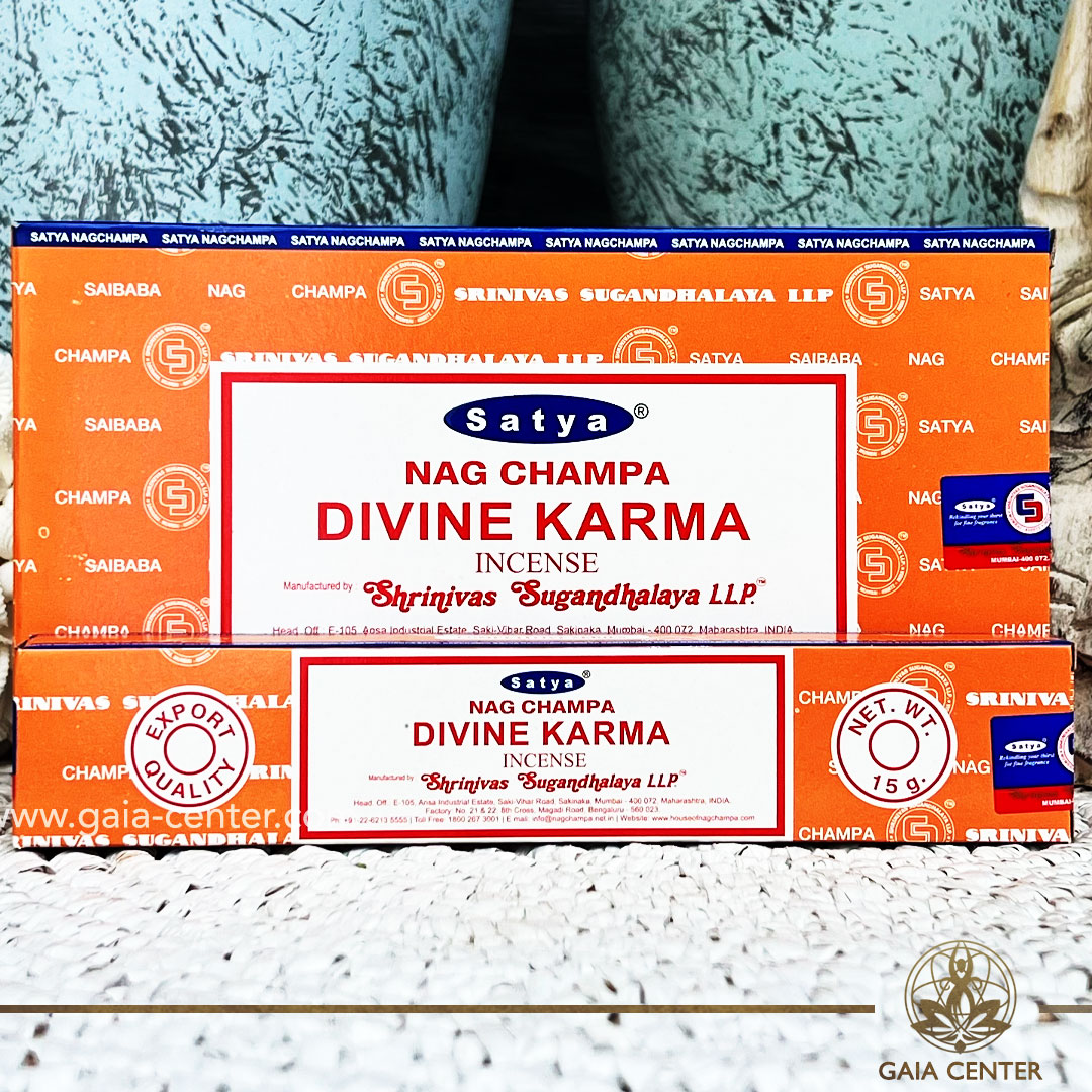 Natural Aroma Incense Sticks Divine Karma Nag Champa by Satya. 15g incense sticks in a pack. Order online at Gaia Center | Aroma Incense Shop in Cyprus. Cyprus islandwide delivery: Limassol, Nicosia, Larnaca, Paphos. Europe & Worldwide delivery.