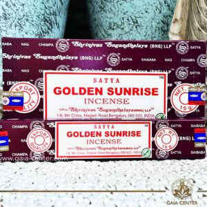 Natural Aroma Incense Sticks Golden Sunrise by Satya. 15g incense sticks in a pack. Order online at Gaia Center | Aroma Incense Shop in Cyprus. Cyprus islandwide delivery: Limassol, Nicosia, Larnaca, Paphos. Europe & Worldwide delivery.