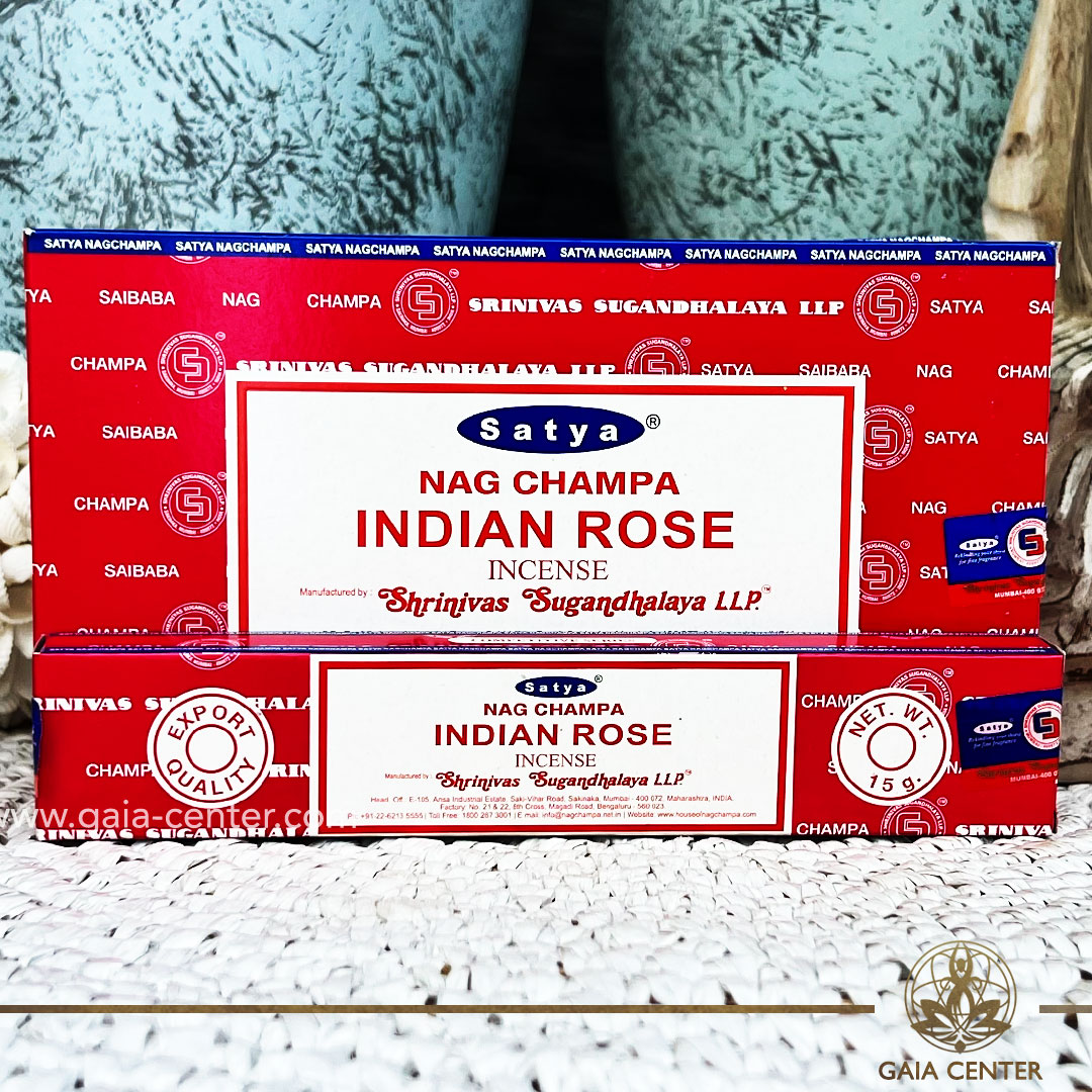 Natural Aroma Incense Sticks Indian Rose Nag Champa by Satya. 15g incense sticks in a pack. Order online at Gaia Center | Aroma Incense Shop in Cyprus. Cyprus islandwide delivery: Limassol, Nicosia, Larnaca, Paphos. Europe & Worldwide delivery.