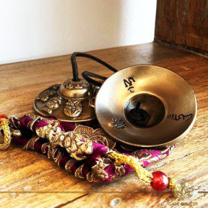 Tibetan metal tingshas at Gaia Center in Cyprus. Selection of singing bowls and tinghas. Cyprus and International shipping.