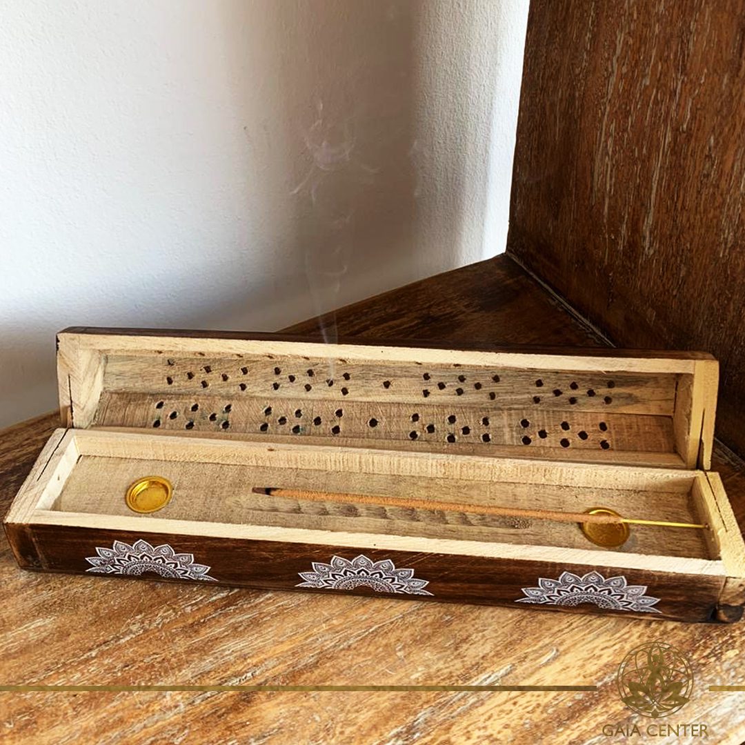 Ash catcher - incense stick holder wooden box design. Selection of incense holders and incense burners at Gaia Center in Cyprus. Wholesale and retail options. Cyprus and Worldwide delivery, shop online: https://gaia-center.com