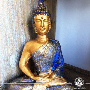 Buddha Statue antique blue and red color finishing. Spiritual items at Gaia Center in Cyprus. Order online: https://www.gaia-center.com Cyprus and International Shipping.