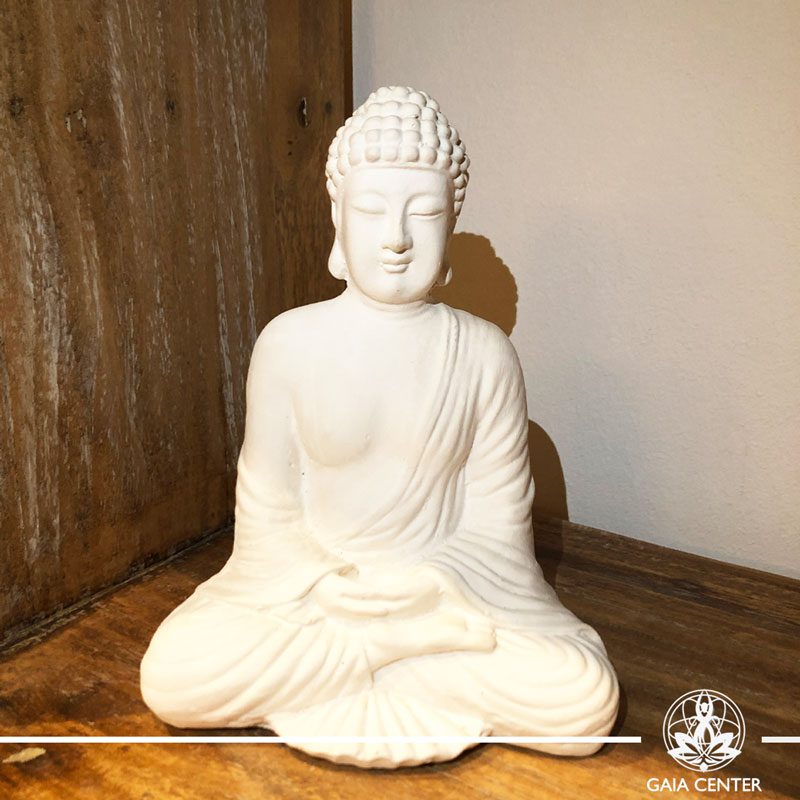 Buddha Statue white. color finishing. Spiritual items at Gaia Center in Cyprus. Order online: https://www.gaia-center.com Cyprus and International Shipping.