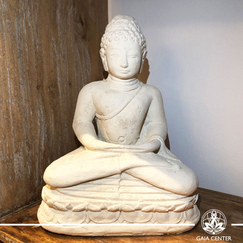 Buddha Statue Meditating - stone with white color finishing. Spiritual items at Gaia Center in Cyprus. Order online: https://www.gaia-center.com Cyprus and International Shipping.