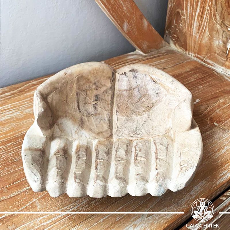 Hands wooden tray hand carved white wash design. Decor and spiritual items at Gaia Center in Cyprus. Shop online at https://gaia-center.com. Cyprus and Worldwide shipping.