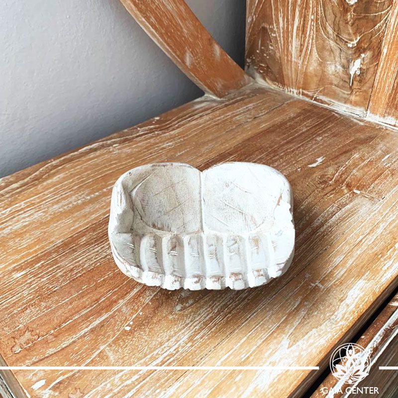 Hands wooden tray offering hands carved white wash design. Decor and spiritual items at Gaia Center in Cyprus. Shop online at https://gaia-center.com. Cyprus and Worldwide shipping.