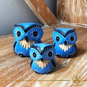 Owls wooden set hand carved white wash and blue colors. Decore and spiritual items at Gaia Center in Cyprus. Shop online at https://gaia-center.com. Cyprus and Worldwide shipping.
