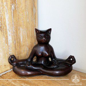 Yoga Cat Meditating Statue - Enlightened pose - casted lava sand with antique copper color finishing. Spiritual items at Gaia Center in Cyprus. Order online: https://www.gaia-center.com Cyprus and International Shipping.