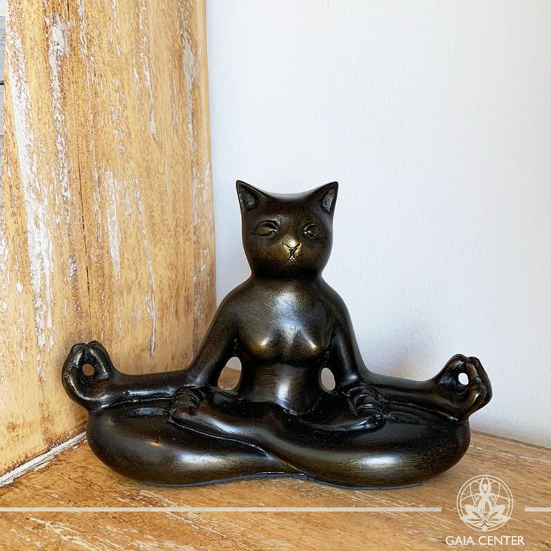 Yoga Cat Meditating Statue - Enlightened pose - casted lava sand with antique gold color finishing. Spiritual items at Gaia Center in Cyprus. Order online: https://www.gaia-center.com Cyprus and International Shipping.