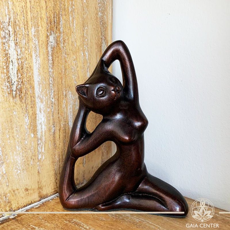 Yoga Cat Meditating Statue - Mermaid pose - casted lava sand with antique copper color finishing. Spiritual items at Gaia Center in Cyprus. Order online: https://www.gaia-center.com Cyprus and International Shipping.