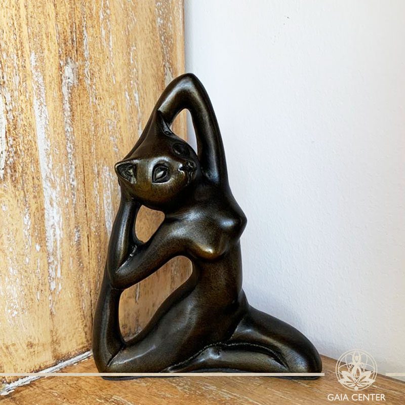Yoga Cat Meditating Statue - Mermaid pose - casted lava sand with antique gold color finishing. Spiritual items at Gaia Center in Cyprus. Order online: https://www.gaia-center.com Cyprus and International Shipping.