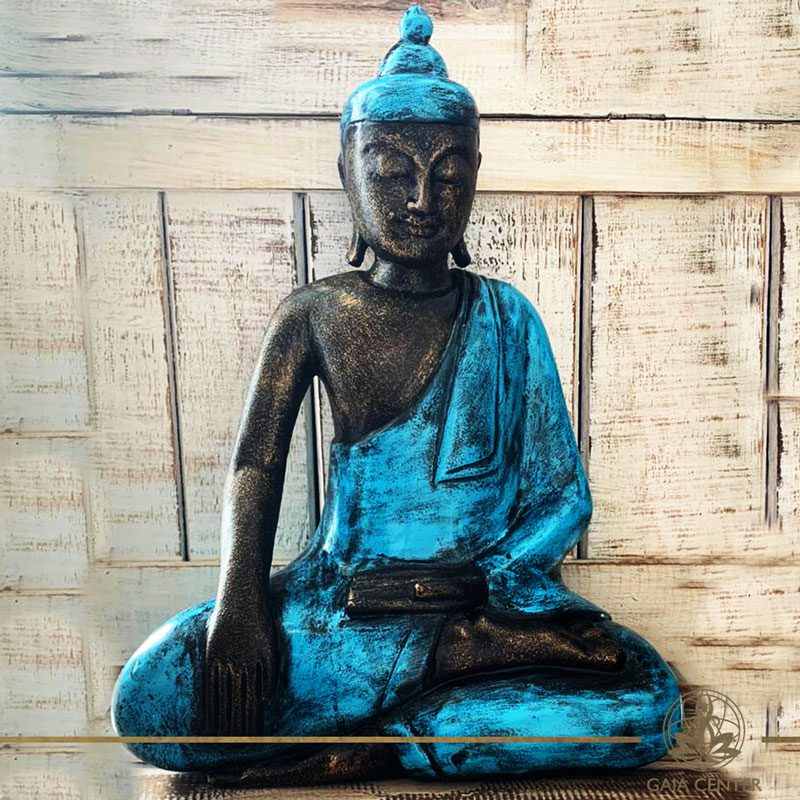 Buddha Statue blue and antique gold finishing sitting and meditating with hands gesturing Samadhi or Yoga Mudra at Gaia Center in Cyprus. Shop online at https://gaia-center.com. Cyprus and Worldwide shipping.
