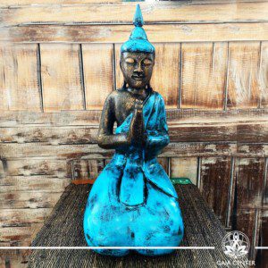 Buddha Statue blue and antique gold finishing sitting and meditating with hands gesturing NAMASTE at Gaia Center in Cyprus. Shop online at https://gaia-center.com. Cyprus and Worldwide shipping.