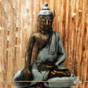 Buddha Statue grey and antique gold finishing sitting and meditating with hands gesturing Samadhi or Yoga Mudra at Gaia Center in Cyprus. Shop online at https://gaia-center.com. Cyprus and Worldwide shipping.