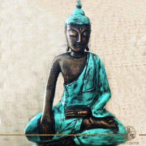 Buddha Statue turquoise and antique gold finishing sitting and meditating with hands gesturing Samadhi or Yoga Mudra at Gaia Center in Cyprus. Shop online at https://gaia-center.com. Cyprus and Worldwide shipping.