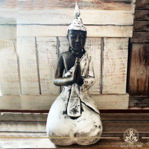 Buddha Statue white and antique gold finishing sitting and meditating with hands gesturing Namaste at Gaia Center in Cyprus. Shop online at https://gaia-center.com. Cyprus and Worldwide shipping.