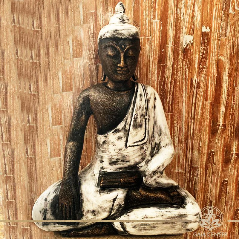 Buddha Statue white and antique gold finishing sitting and meditating with hands gesturing Samadhi or Yoga Mudra at Gaia Center in Cyprus. Shop online at https://gaia-center.com. Cyprus and Worldwide shipping.