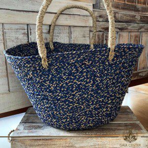 Natural blue color straw bag. Summer essentials jewellery and bags at Gaia Center in Cyprus. Shop online at https://gaia-center.com. Cyprus and Worldwide shipping.