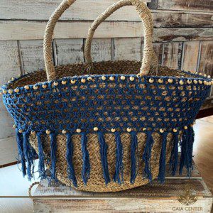Natural color straw bag blue crochet and strings design. Summer essentials jewellery and bags at Gaia Center in Cyprus. Shop online at https://gaia-center.com. Cyprus and Worldwide shipping.