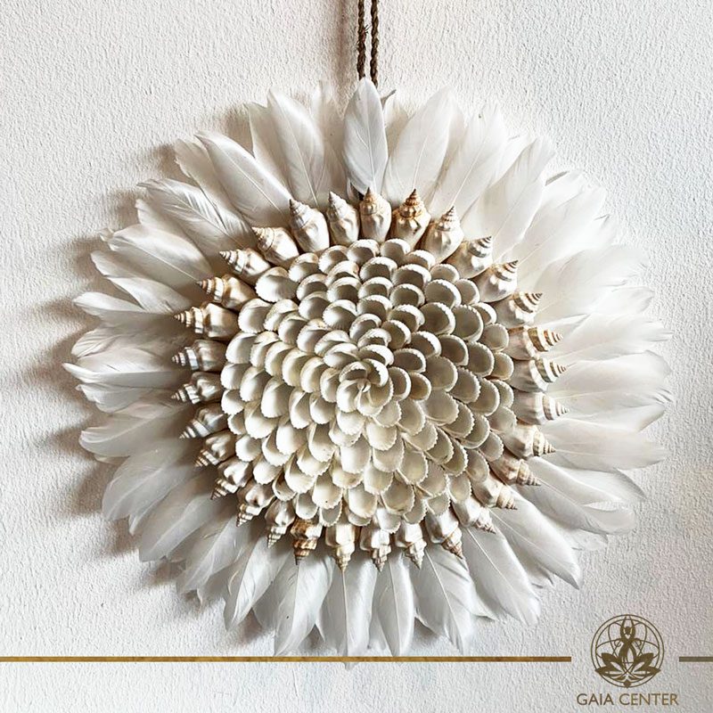 Natural seashell and feathers wall decor at Gaia Center in Cyprus. Shop online at https://gaia-center.com. Cyprus and Worldwide shipping.
