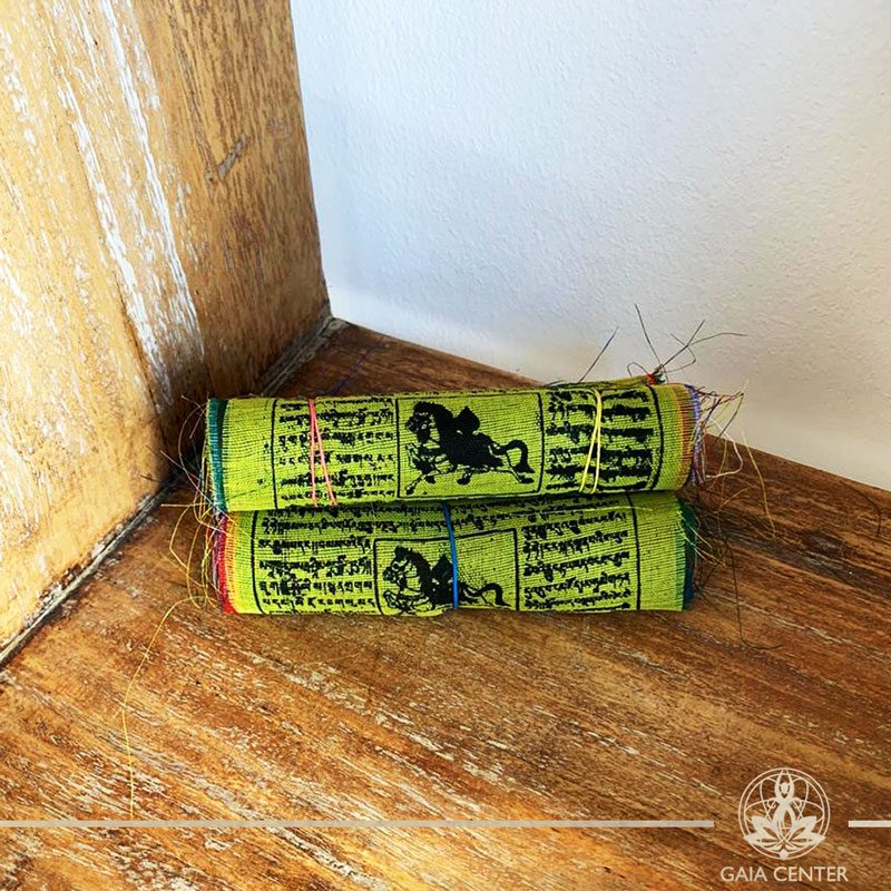 Tibetan Buddhist Prayer Flags with auspicious symbols, invocations, prayers, and mantras at Gaia Center in Cyprus. Shop online at https://gaia-center.com. Cyprus and Worldwide shipping.