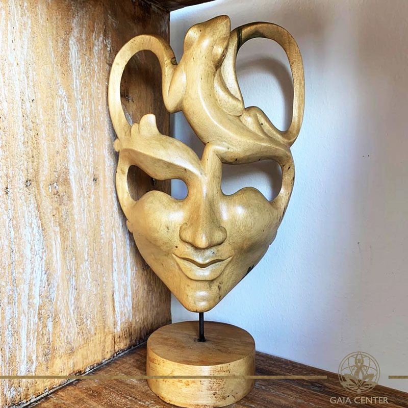 Wooden mask stand decor hand carved at Gaia Center in Cyprus. Shop online at https://gaia-center.com. Cyprus and Worldwide shipping.