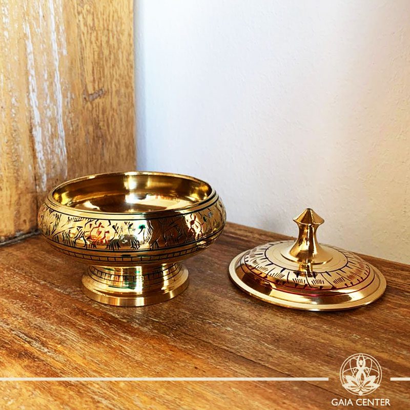Brass Bowl for charcoal and incense resin for space clearing and smudging at Gaia Center | Cyprus.