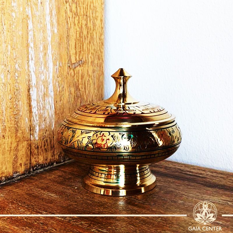 Brass Bowl for charcoal and incense resin for space clearing and smudging at Gaia Center | Cyprus.