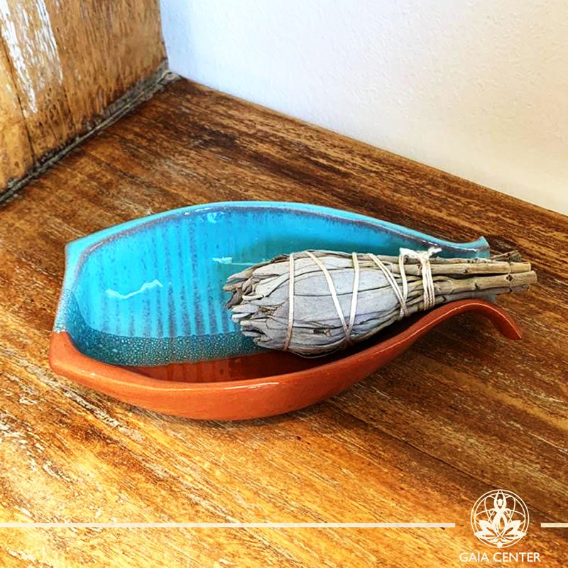 Ceramic smudge bowl plate for space clearing and smudging White Sage and Palo Santo. At Gaia Center | Cyprus.