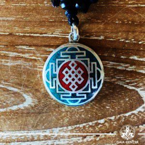Tibetan Pendant Endless knot buddhist symbol and yantra or mandala design. Adjustable black string. Selection of Tibetan Jewelry made of crystals, gemstones, combination of metals at Gaia Center | Cyprus.