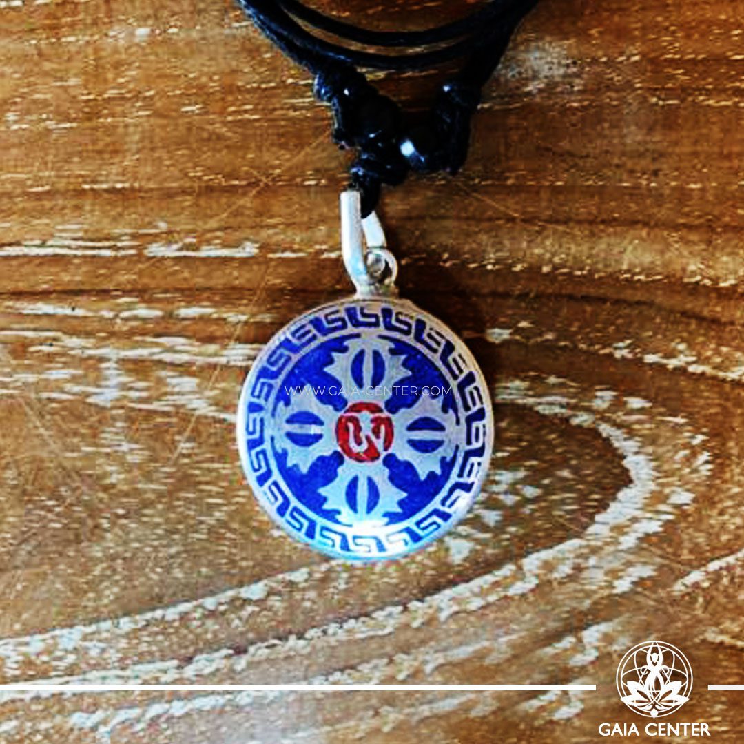 Tibetan Pendant Double Dorje or Vraja design. Made from combination of metals, Blue, Red and Silver color design. Adjustable black string. Tibet Selection of Tibetan Jewelry made from crystals, gemstones, combination of metals at Gaia Center | Cyprus.