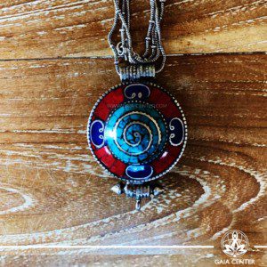 Tibetan gau pendant amulet box selection with semiprecious stones. Tibetan Pendant inlaid with turquoise, coral and lapis lazuli. Long chain. Selection of Tibetan Jewelry made from crystals, gemstones at Gaia Center | Cyprus.